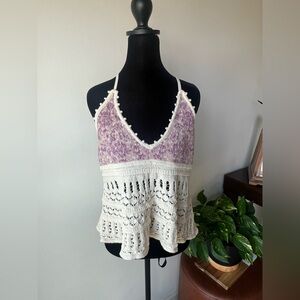 Flint and Moss Boho Crochet Knit Purple and Cream V-Neck Tank Top